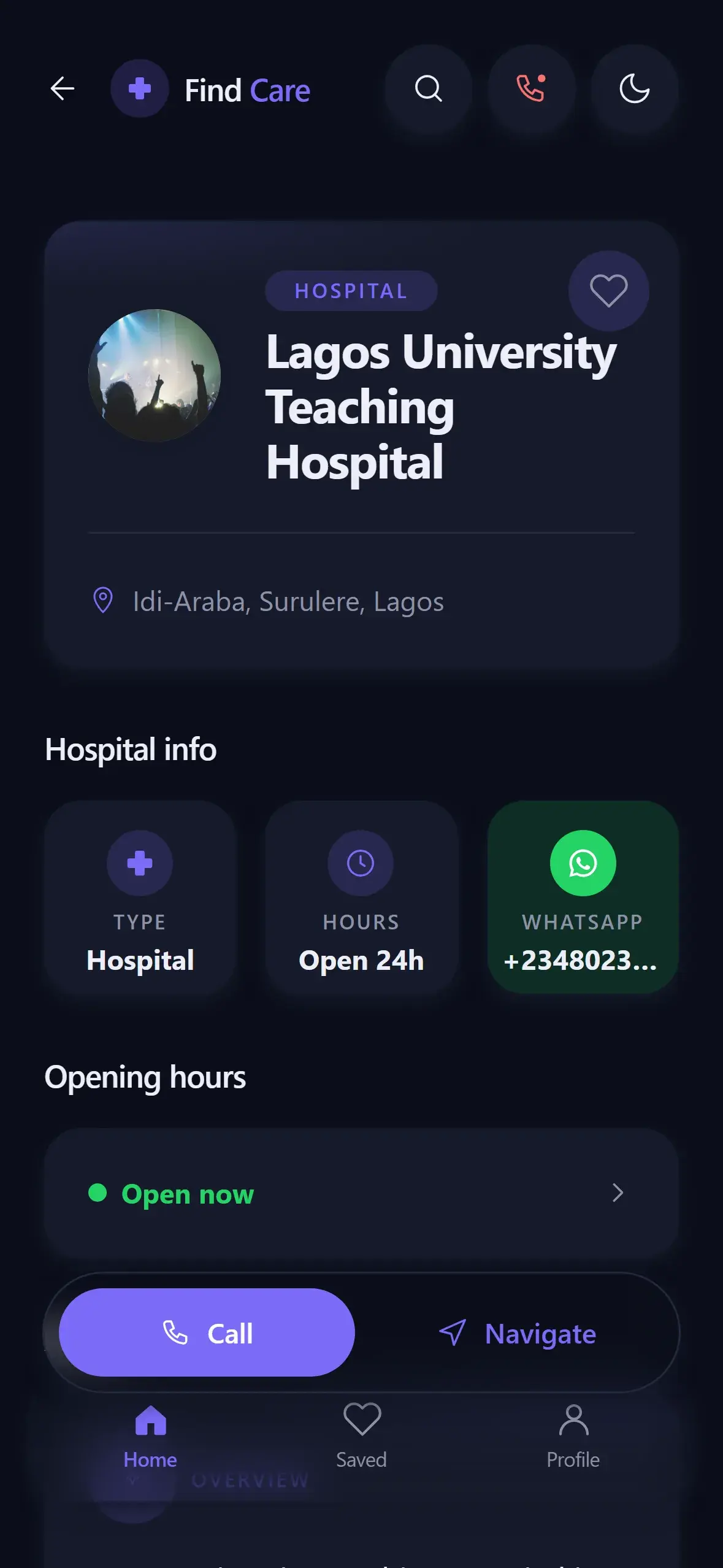 Find Care hospital detail screen