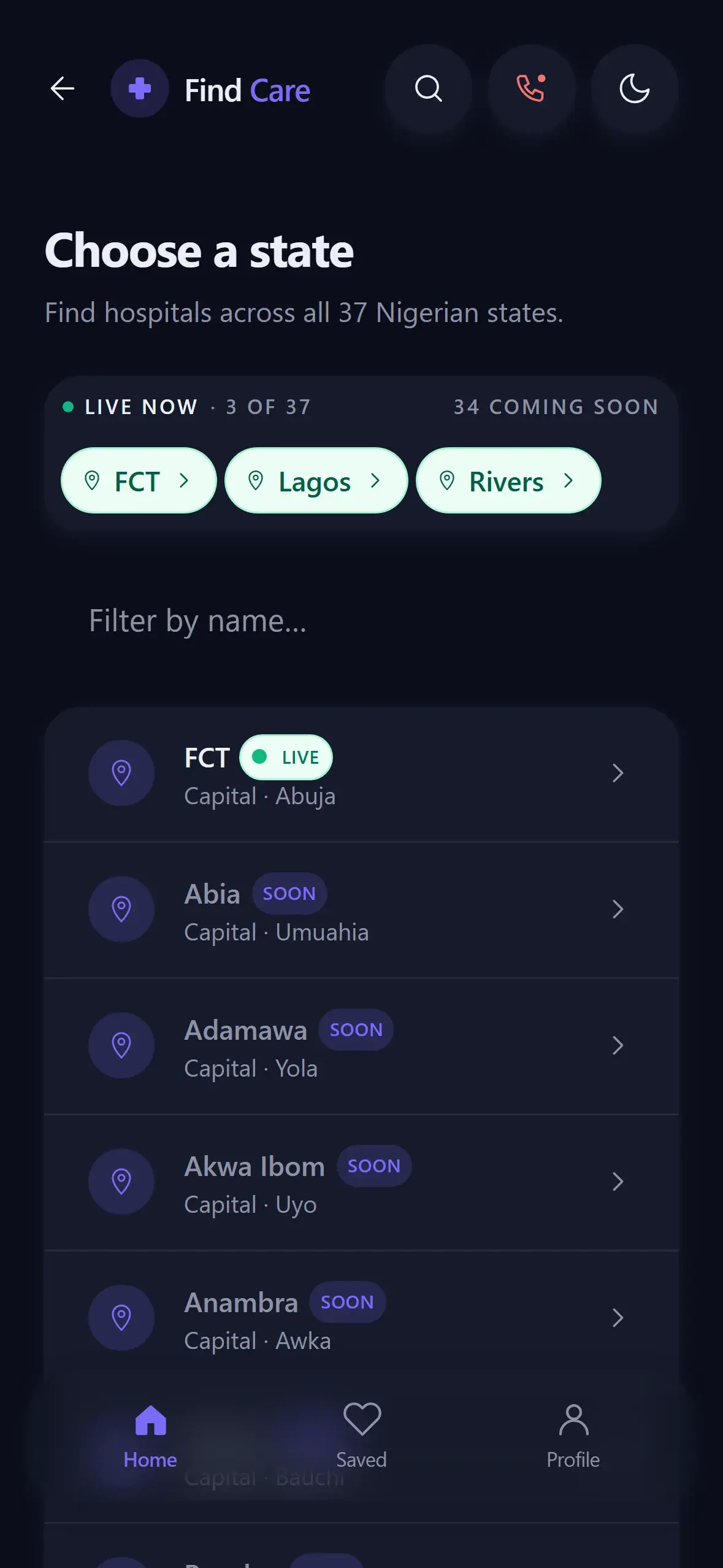 Find Care state list screen