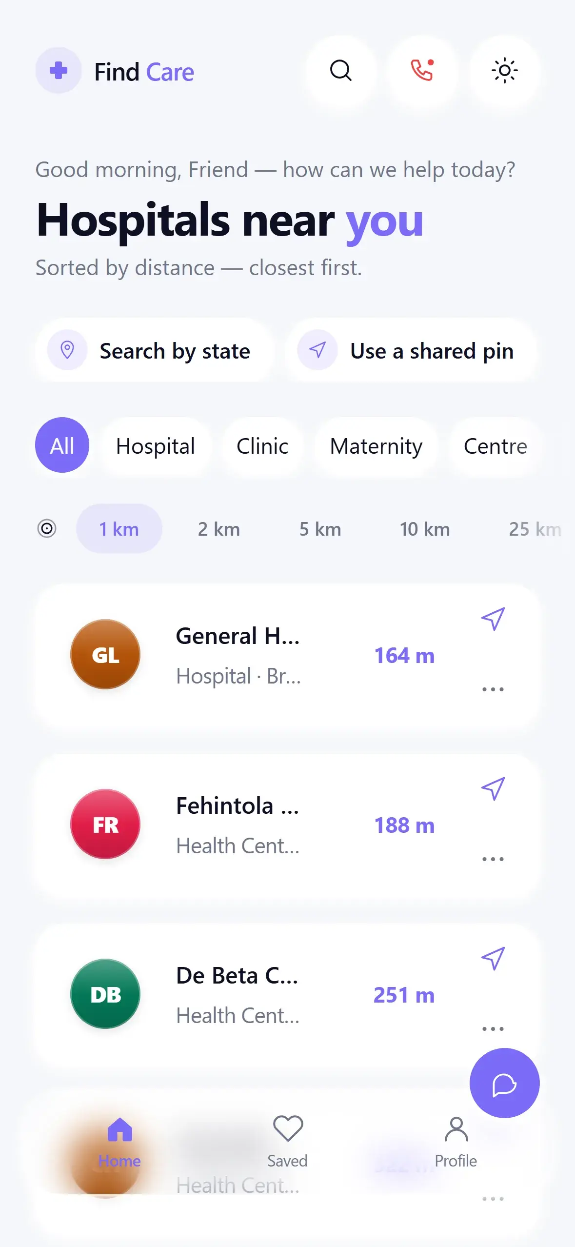 Find Care home screen